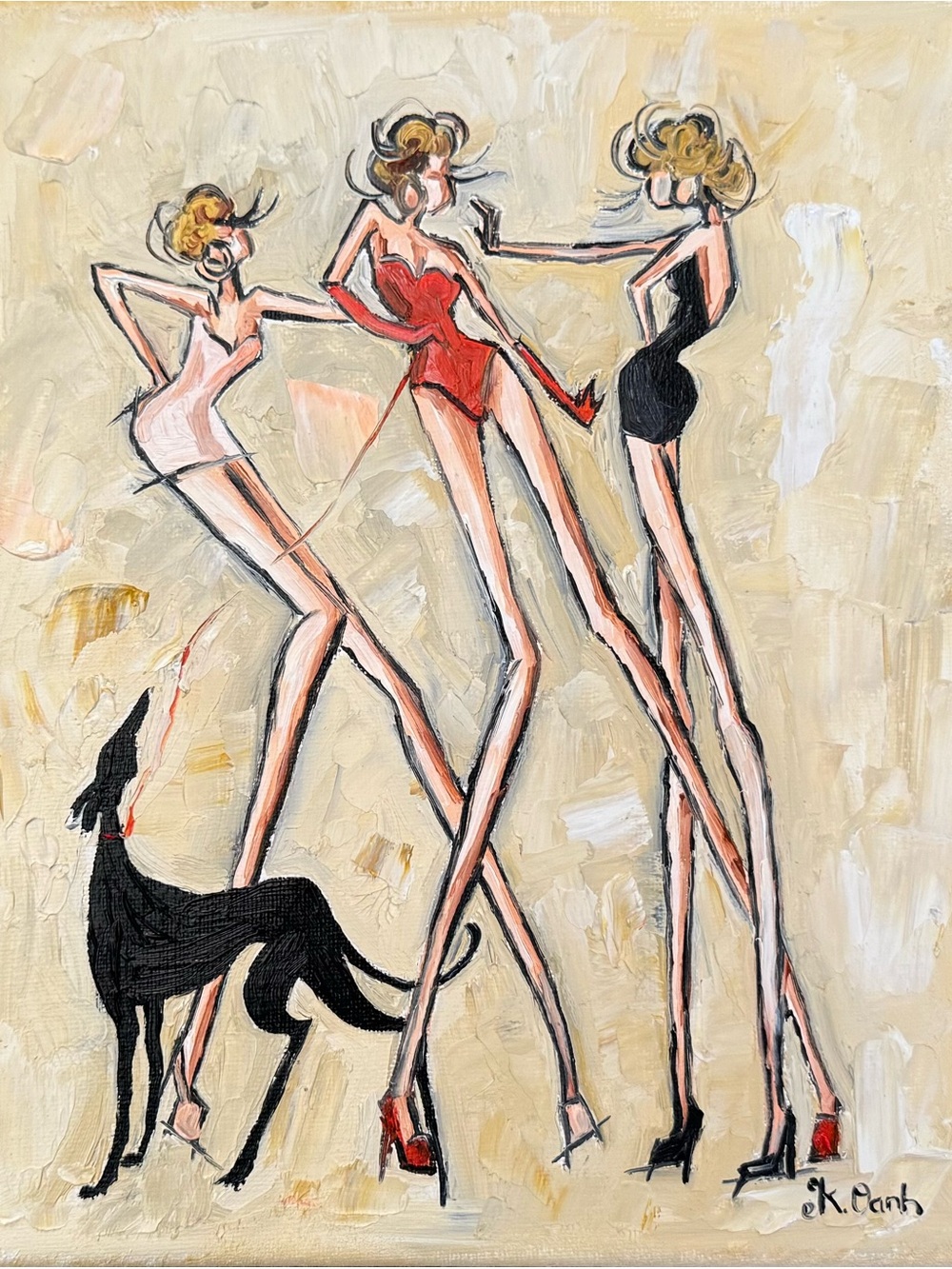 Original oil painting fashion women & hound dog on canvas signed 8x10 inches
